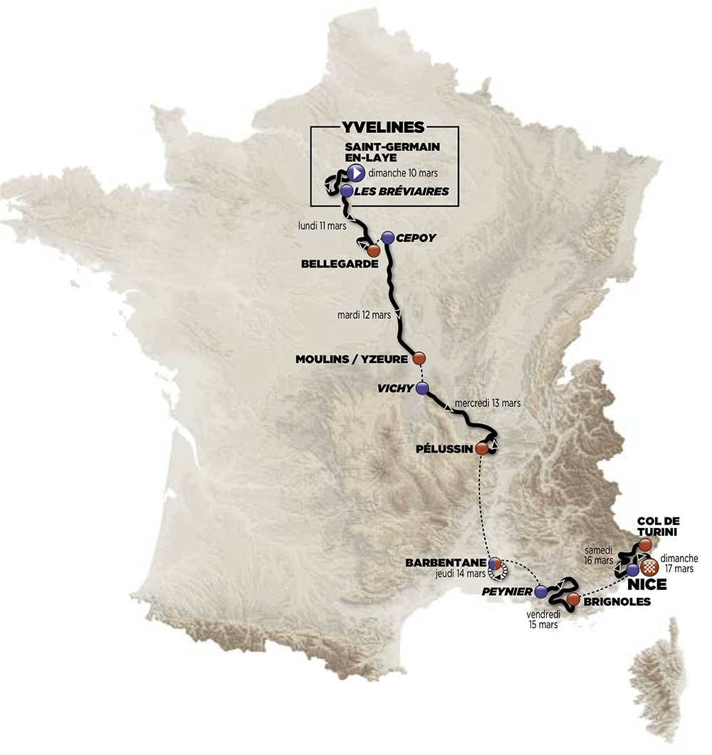 Toutes les étapes et les profils de Paris-Nice